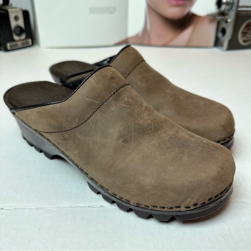 Italian Leather Clogs Brown Nubuck Comfort Mules Size 8 Made in Italy